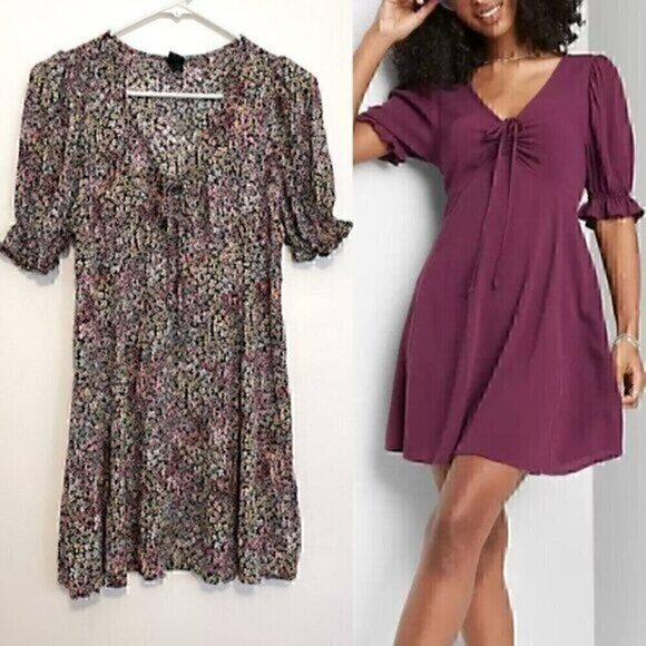 WILD FABLE Puff Short Sleeve Tie Front Dress Black Pink Multi Floral Mini Boho M - Picture 1 of 13